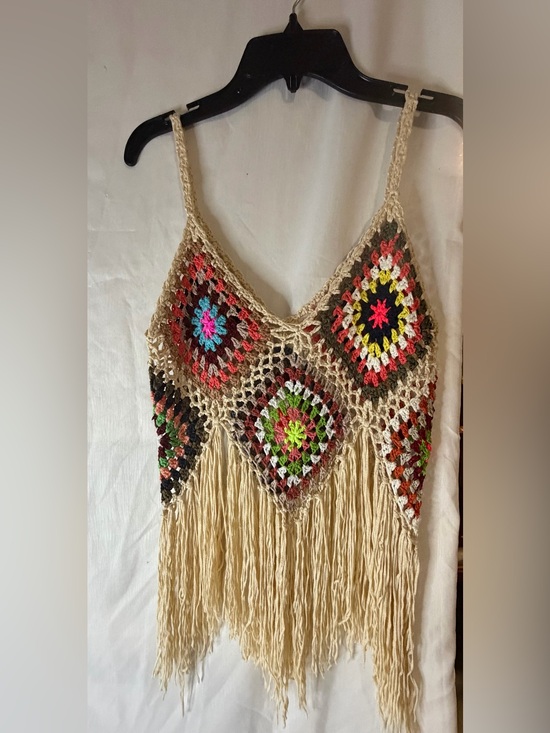 Tops - Boho Crochet Granny Square Fringe Tank Top